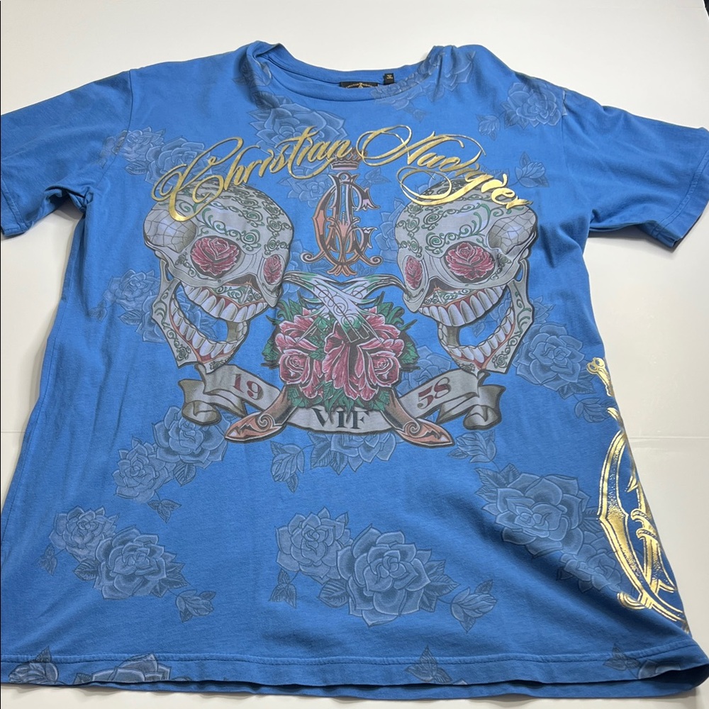 Christian Audigier Blue T-Shirt with Gold Accents